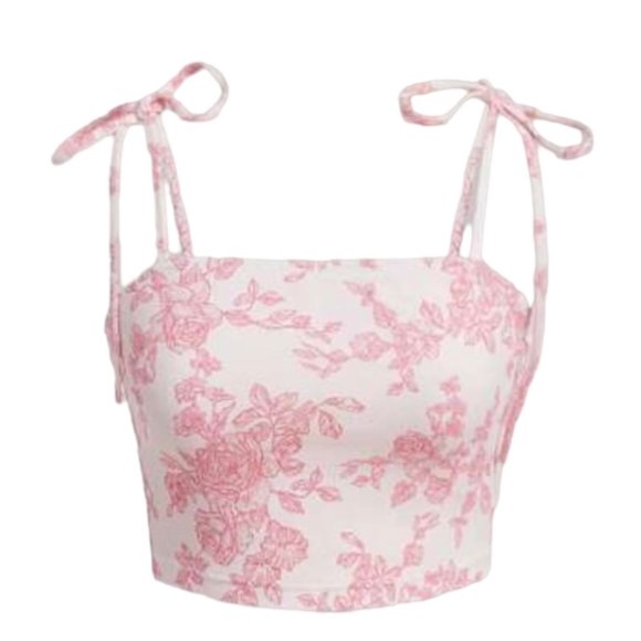 Shein White Floral Print Shoulder Tie Cami Crop Top NEW WITH TAGS - Picture 2 of 6